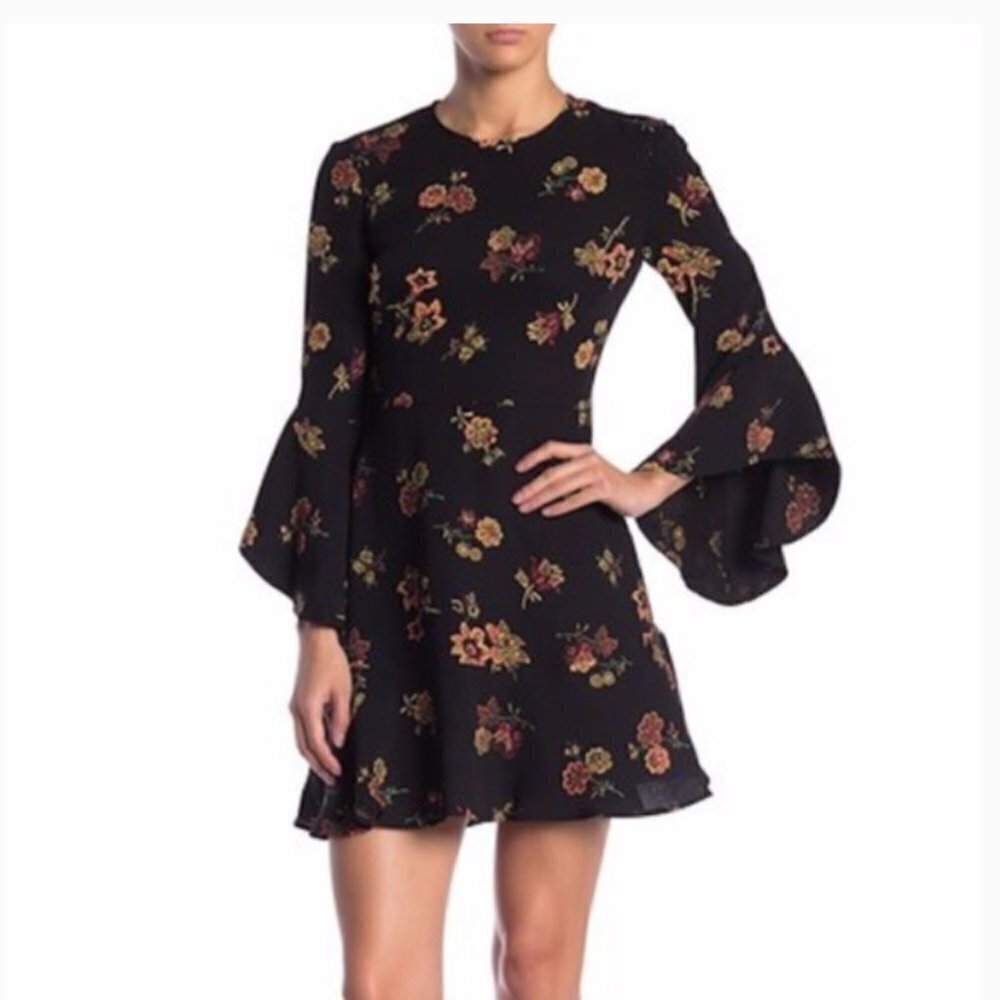 A.L.C. Cassidy Floral Bell Sleeve Silk Mini Dress Black size 0